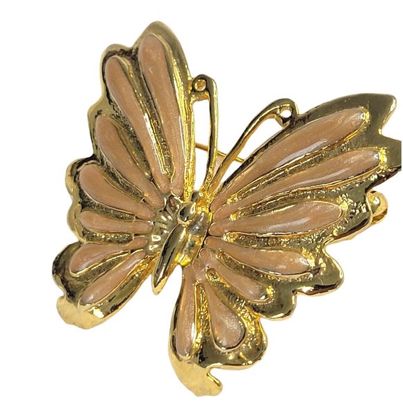 AAI Peach Enamel Butterfly Brooch Pin Gold Tone Iridescent Vintage 1 3/4" - Picture 3 of 8